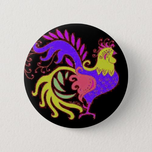 Art Deco rooster in Purple on Black Button