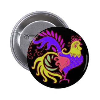 Art Deco rooster in Purple on Black Button