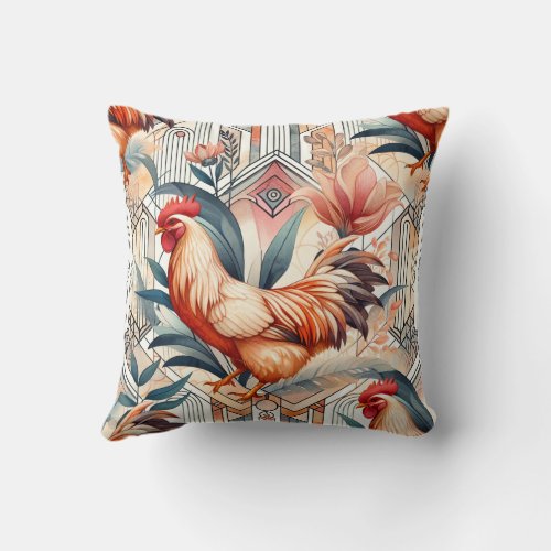 Art Deco Rooster Throw Pillow