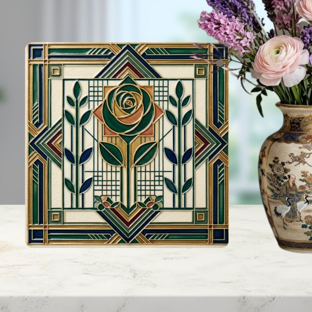 Art Deco Rose Geometric Emerald Green Ceramic Tile (Creator Uploaded)