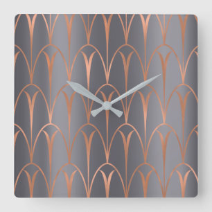 Art Deco Rose Gold Copper Geometry Gray Grey Square Wall Clock