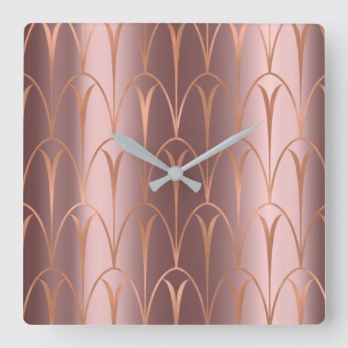Art Deco Rose Gold Copper Geometry Minimal Square Wall Clock
