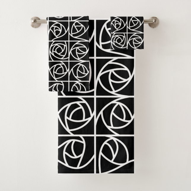 Art Deco Rose Squares Stylized Floral black white Bath Towel Set (Insitu)