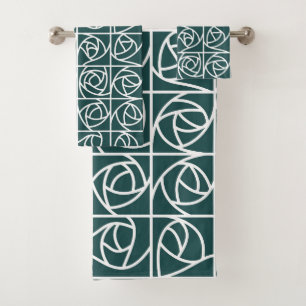 Art Deco Rose Squares Stylized Floral green Bath Towel Set