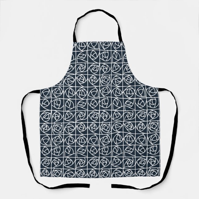 Art Deco Rose Squares Stylized Floral navy blue Apron (Front)