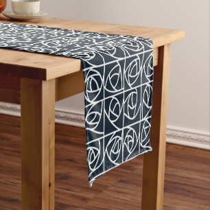 Art Deco Rose Squares Stylized Floral navy blue Short Table Runner