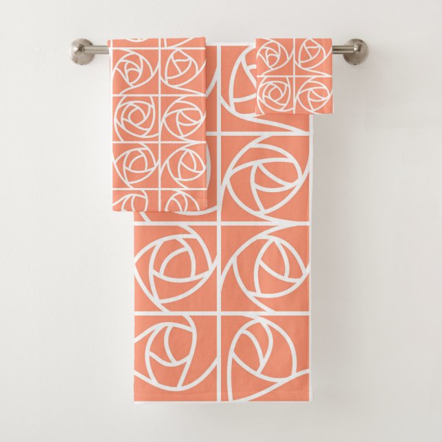 Art Deco Rose Squares Stylized Floral peach Bath Towel Set (Insitu)