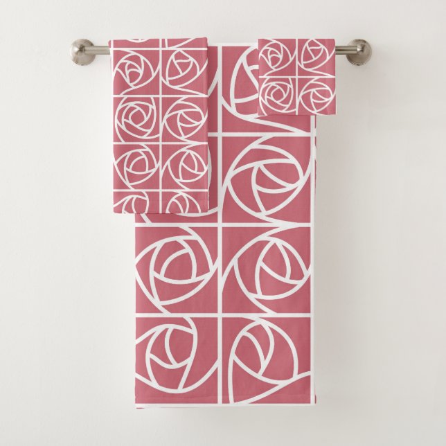 Art Deco Rose Squares Stylized Floral pink Bath Towel Set (Insitu)