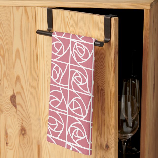 Art Deco Rose Squares Stylized Floral pink Kitchen Towel (Thirds Fold)
