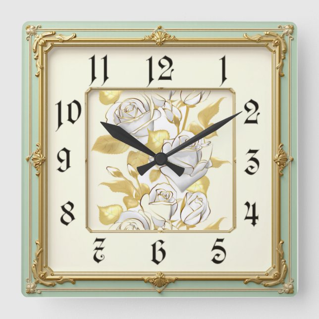 Art Deco Roses Square Wall Clock (Front)