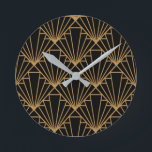 Art Deco  Round Clock<br><div class="desc">This clock has an Art Deco design of diamonds and triangles in gold on a field of black.</div>