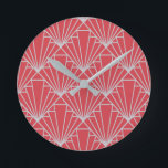 Art Deco Round Clock<br><div class="desc">This clock has an Art Deco design of diamonds and triangles in silver on a field of burgundy.</div>
