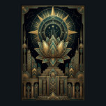Art Deco Sacred Lotus Celestial Compass Poster<br><div class="desc">Complete your celestial sanctuary with the "Aura Celestial" Sacred Lotus Art Deco poster. This breathtaking design features a vibrant golden and teal lotus flower blossoming beneath a complex celestial compass starburst, all set against a rich obsidian black background. Symmetrical Art Deco architecture, including a stepped ziggurat pedestal and fluted columns,...</div>