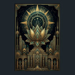 Art Deco Sacred Lotus Celestial Compass Poster<br><div class="desc">Complete your celestial sanctuary with the "Aura Celestial" Sacred Lotus Art Deco poster. This breathtaking design features a vibrant golden and teal lotus flower blossoming beneath a complex celestial compass starburst, all set against a rich obsidian black background. Symmetrical Art Deco architecture, including a stepped ziggurat pedestal and fluted columns,...</div>