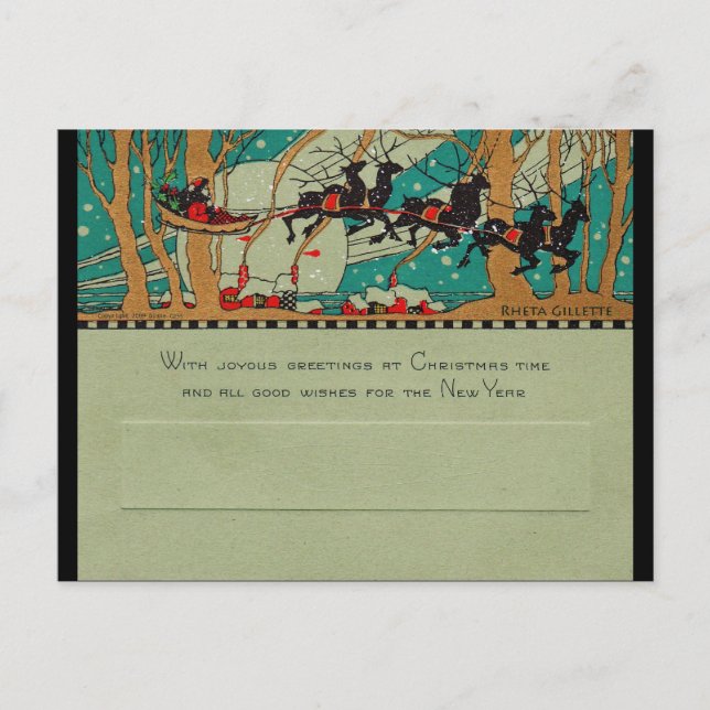 Art Deco Santa in Sky Holiday Postcard (Front)