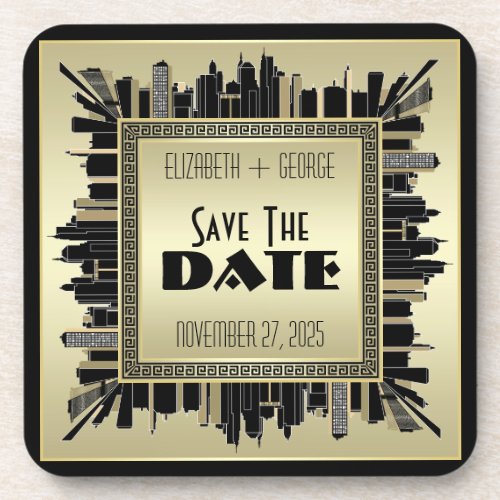 Art Deco Save the Date Champagne Gold Gatsby Glam Beverage Coaster