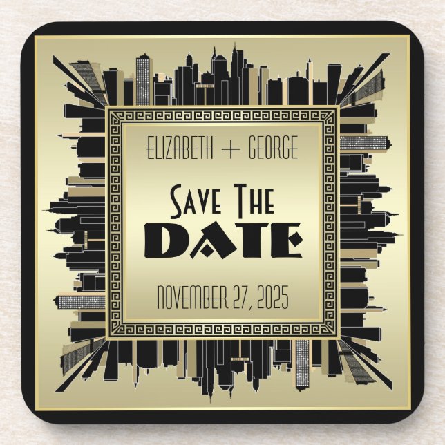 Art Deco Save the Date Champagne Gold Gatsby Glam Beverage Coaster (Front)