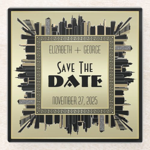 Art Deco Save the Date Champagne Gold Gatsby Glam Glass Coaster