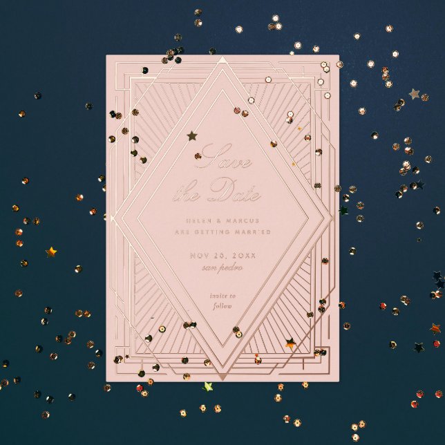 Art Deco Save the Date Diamond Blush Rose Gold Foil Invitation