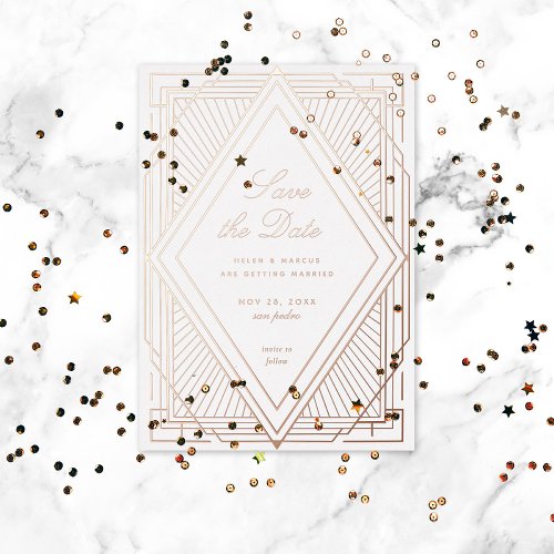 Art Deco Save the Date Diamond White Rose Gold Foil Invitation
