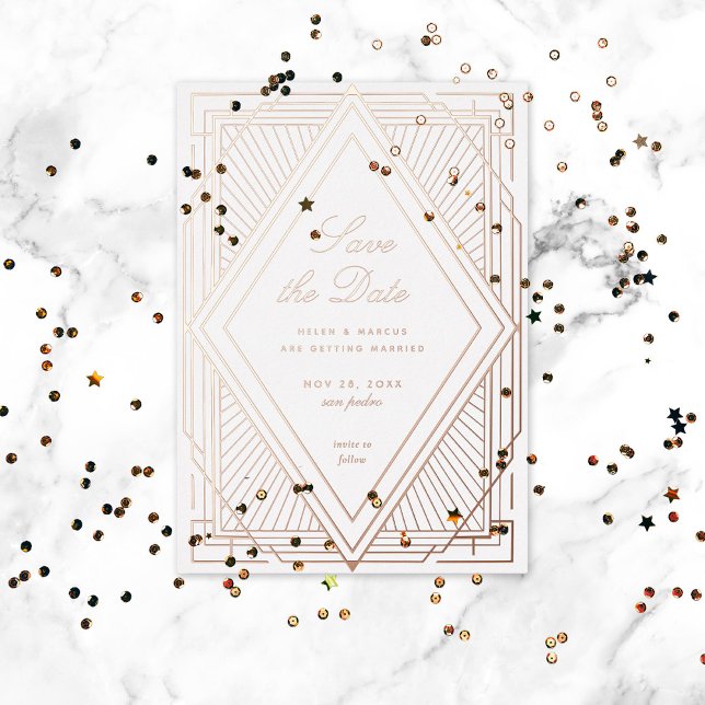 Art Deco Save the Date Diamond White Rose Gold Foil Invitation (Creator Uploaded)
