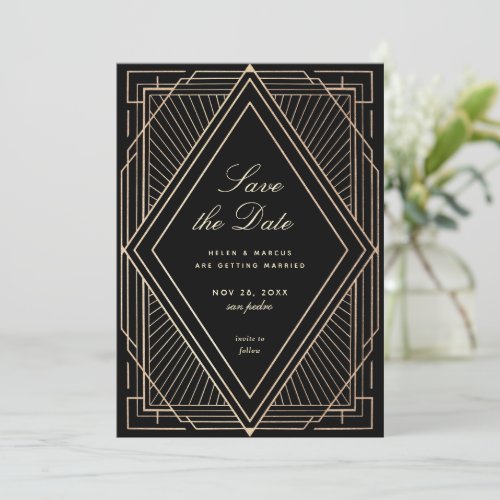 Art Deco Save the Date Faux Gold Black Invitation