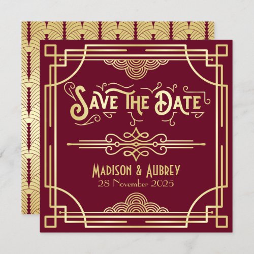 Art Deco Save the Date Gold Burgundy Great Gatsby