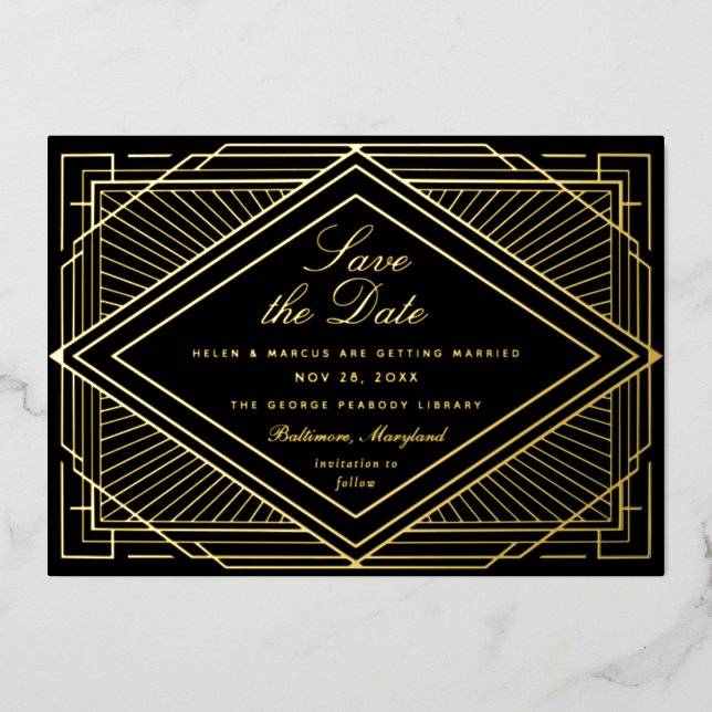 Art Deco Save the Date Landscape Foil Invitation (Front)