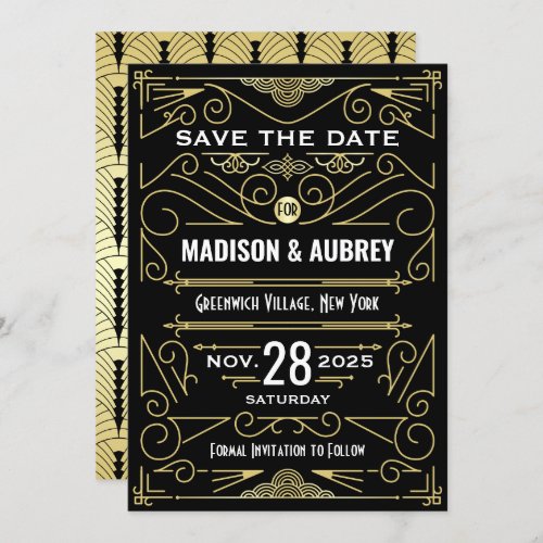 Art Deco Save the Date Wedding Elegant Gold Black Invitation