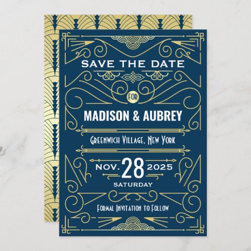 Art Deco Save the Date Wedding Elegant Gold Blue Invitation