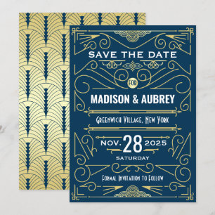 Art Deco Save the Date Wedding Elegant Gold Blue Invitation