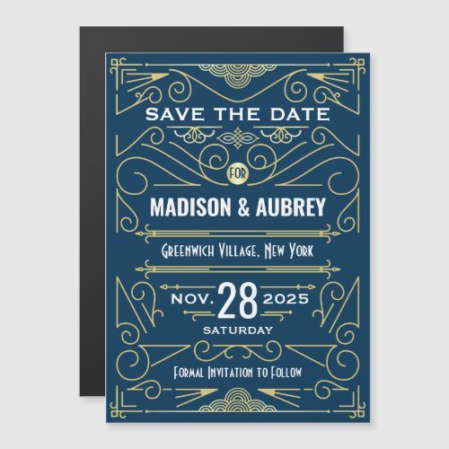 Art Deco Save the Date Wedding Elegant Gold Blue Magnetic Invitation