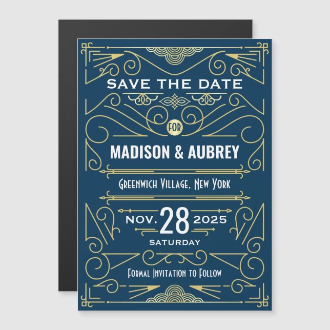 Art Deco Save the Date Wedding Elegant Gold Blue Magnetic Invitation (Front/Back)