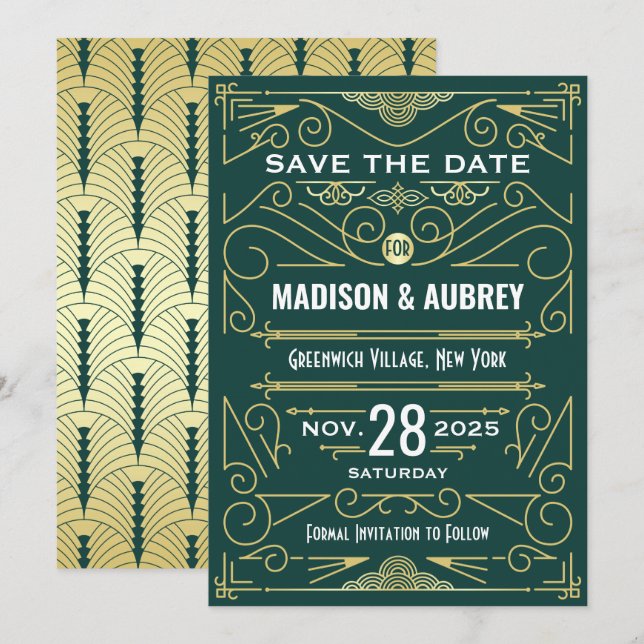 Art Deco Save the Date Wedding Elegant Gold Green Invitation (Front/Back)