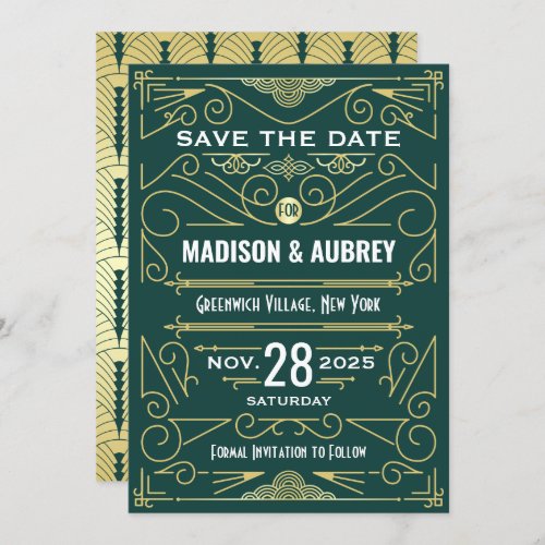 Art Deco Save the Date Wedding Elegant Gold Green Invitation