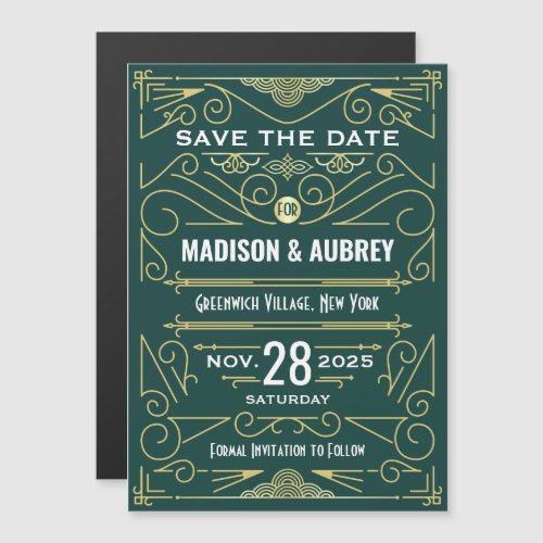 Art Deco Save the Date Wedding Elegant Gold Green Magnetic Invitation