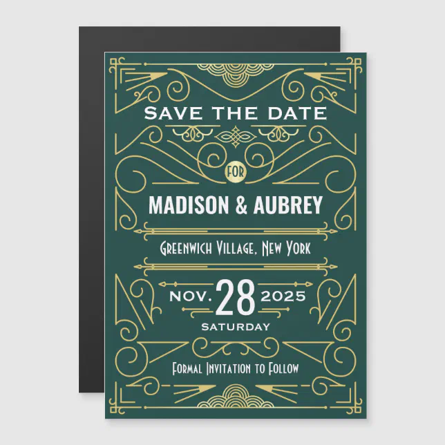 Art Deco Save the Date Wedding Elegant Gold Green Invitation