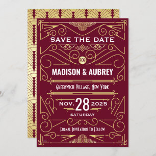 Art Deco Save the Date Wedding Gold Burgundy Invitation