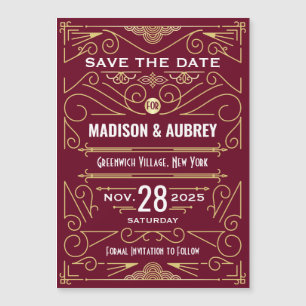 Art Deco Save the Date Wedding Gold Burgundy Magnetic Invitation