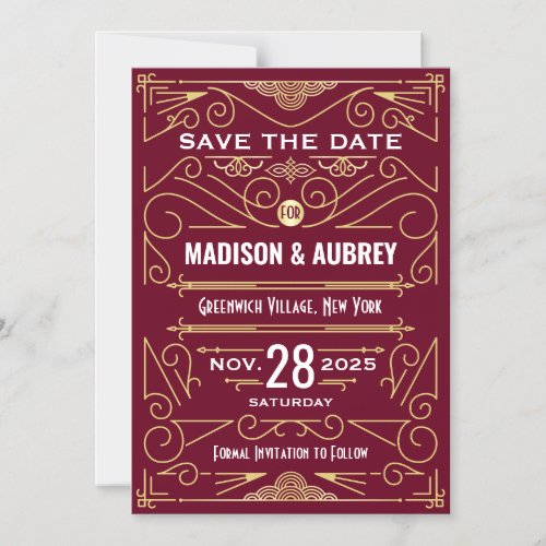 Art Deco Save the Date Wedding Gold Burgundy Magnetic Invitation