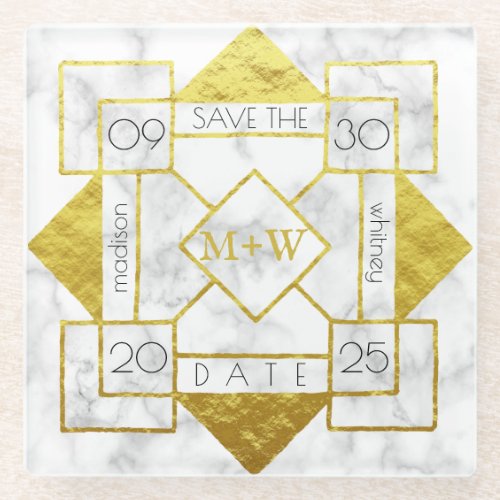 Art Deco Save the Date White Marble Gold Foil Glam Glass Coaster