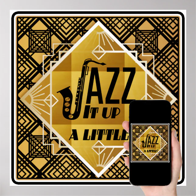 Art deco saxophone jazz black gold music poster Zazzle