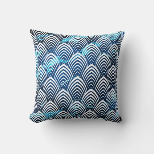 Art Deco Scales Blue Navy Ocean Geometry Marble Throw Pillow