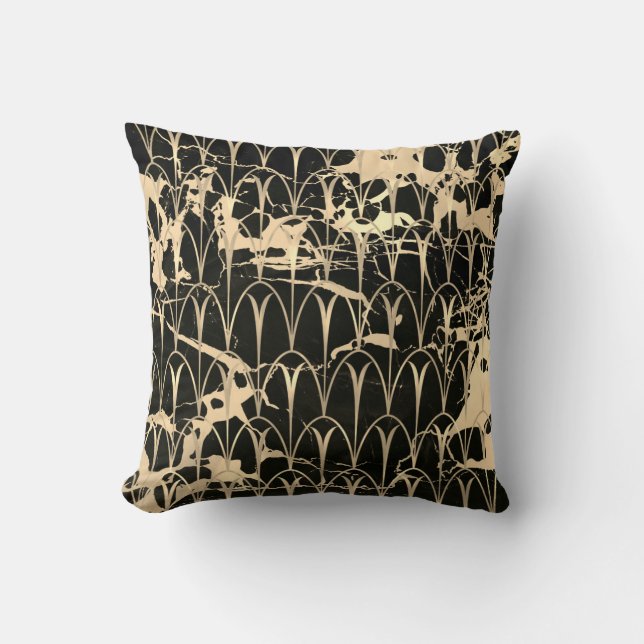 Art Deco Scales Geometry Black Sepia Gold Marble Throw Pillow (Front)