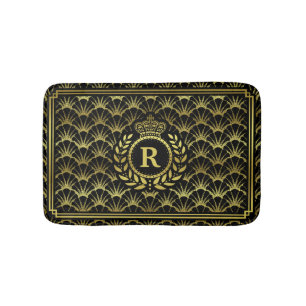 Art Deco Scallop Gold Black Laurel Wreath Crown Bathroom Mat