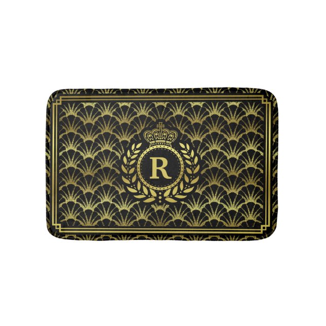Art Deco Scallop Gold Black Laurel Wreath Crown Bathroom Mat (Front)