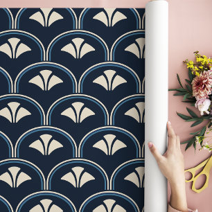 Art Deco Scallop In Navy Blue And Creme Wrapping Paper