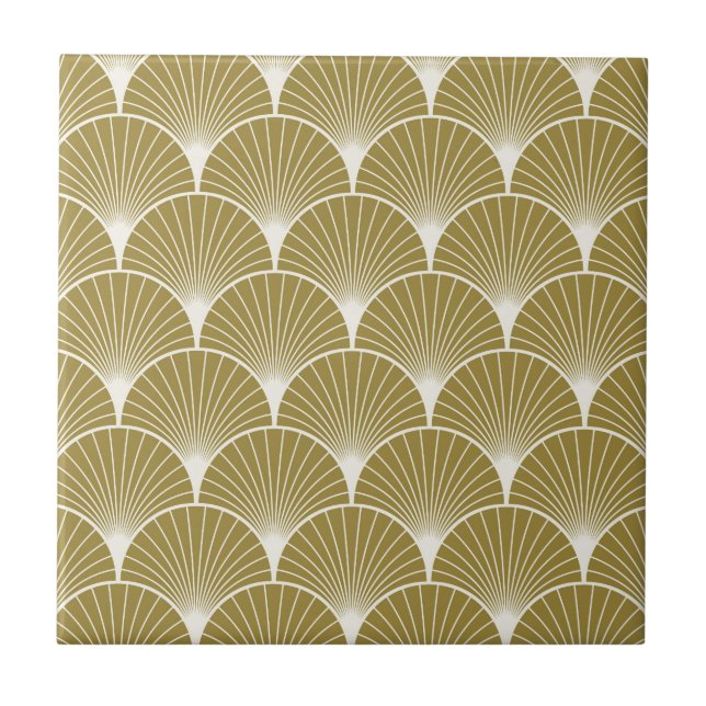 Art deco,scallop,pattern,gold,white,silver,chic, ceramic tile (Front)