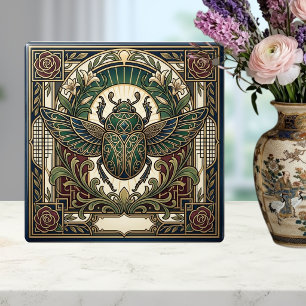 Art Deco Scarab Beetle Green Gold Floral Ceramic  Tile