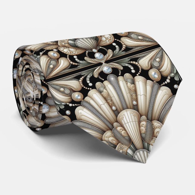Art Deco Seashell Faux Diamond Faux Silk  Neck Tie (Rolled)